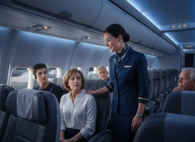 Flight Attendant Comforting Passenger During Airplane Flight