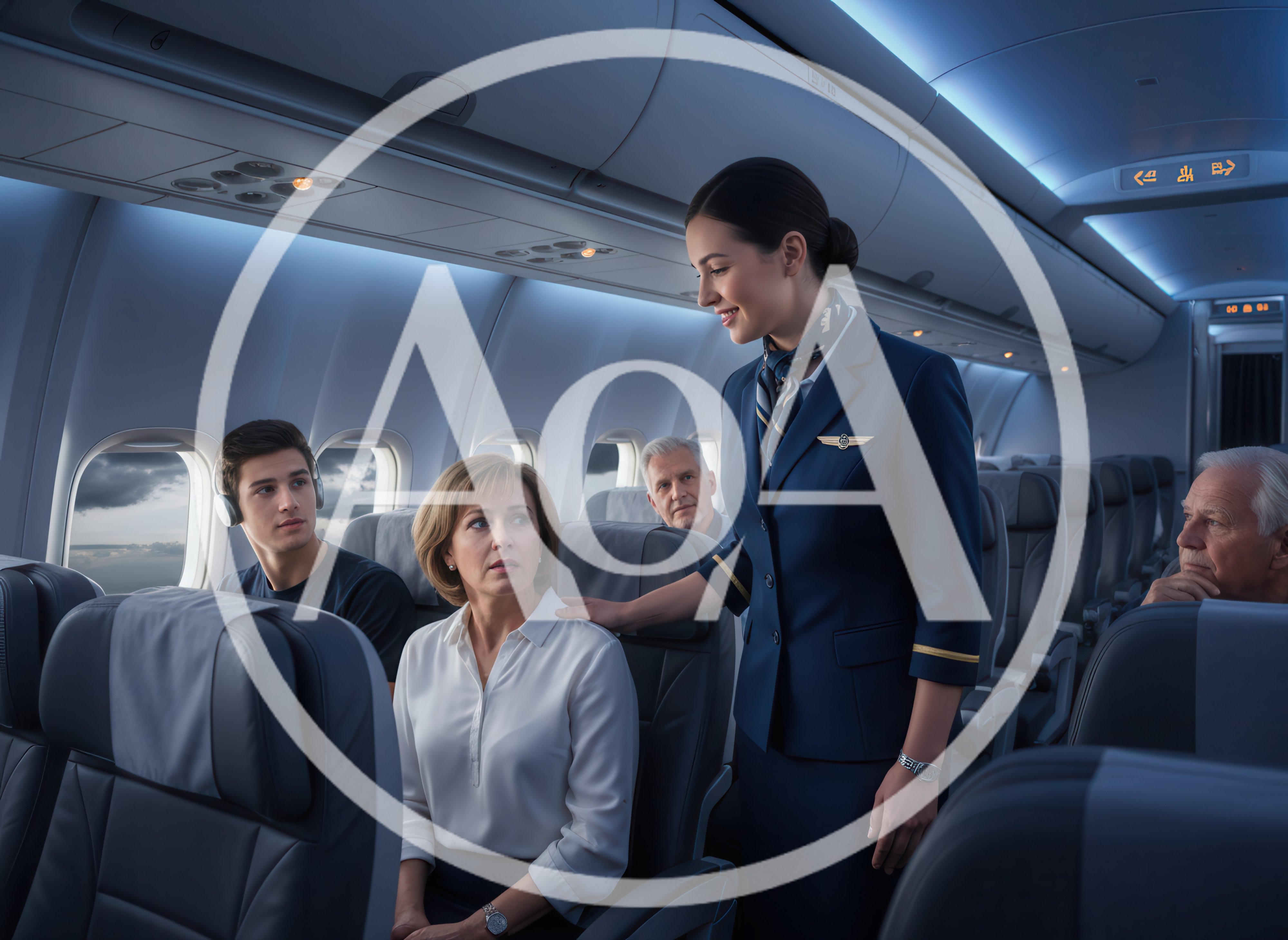 Flight Attendant Comforting Passenger During Airplane Flight