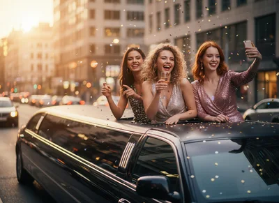 Three Women Celebrating in a Limousine Sunroof