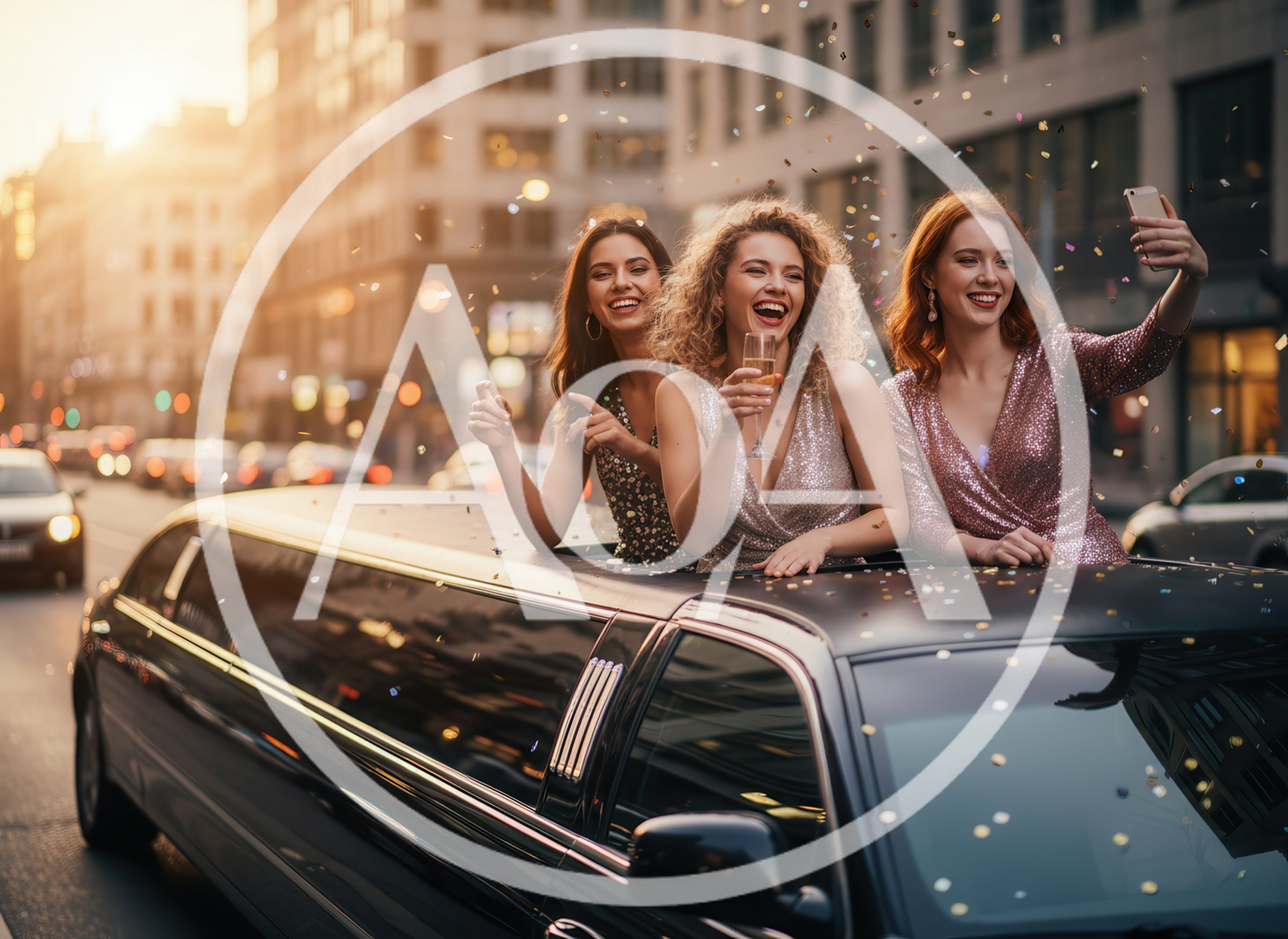 Three Women Celebrating in a Limousine Sunroof