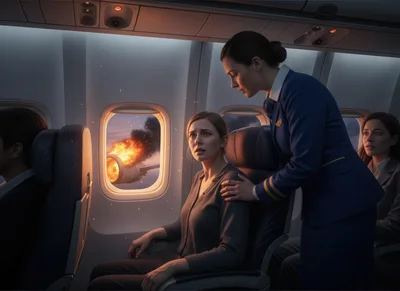 Flight Attendant Comforting Passenger During Airplane Engine Fire