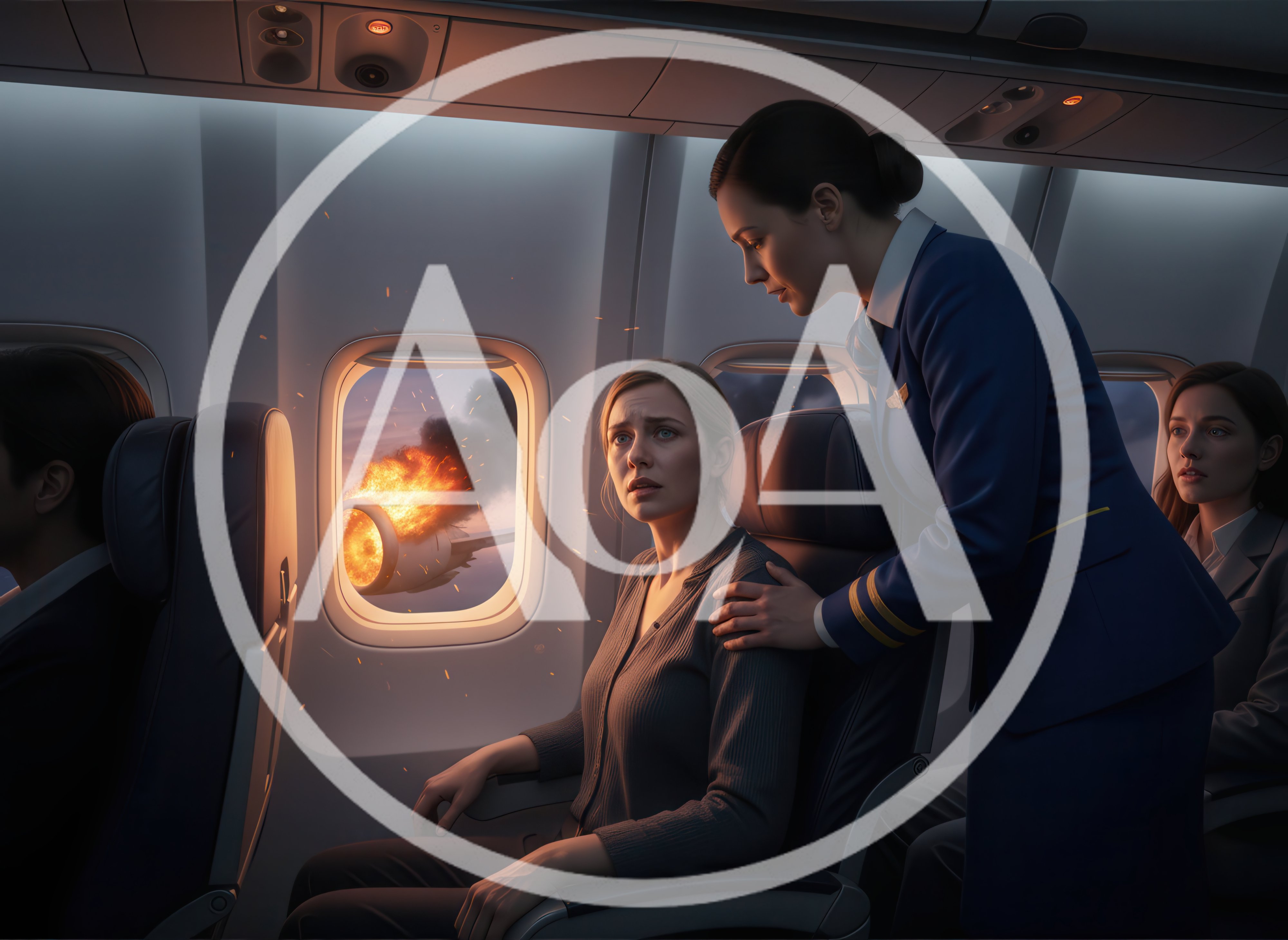 Flight Attendant Comforting Passenger During Airplane Engine Fire
