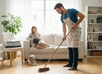 Man Sweeping Floor While Woman Relaxes On Sofa