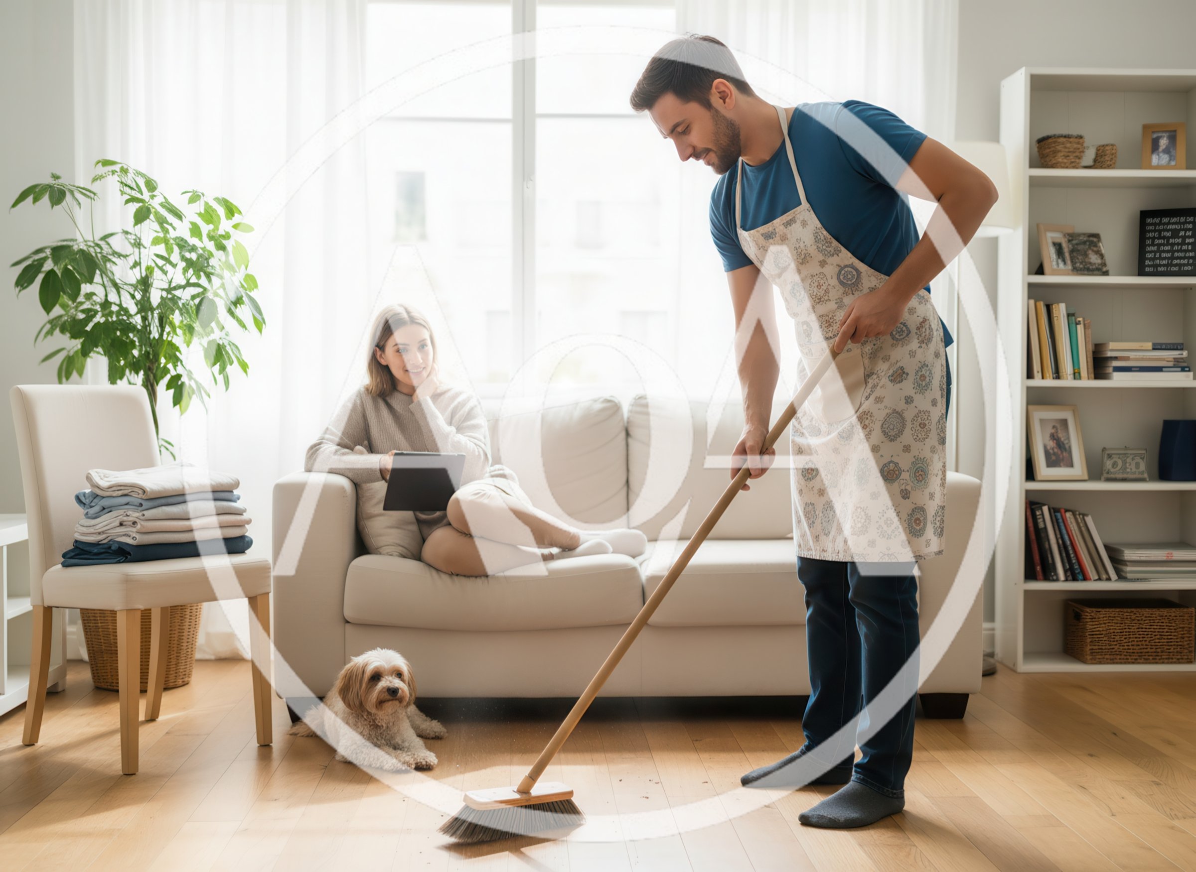 Man Sweeping Floor While Woman Relaxes On Sofa