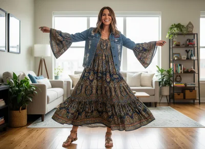Happy Woman Twirling In A Boho Dress And Jacket