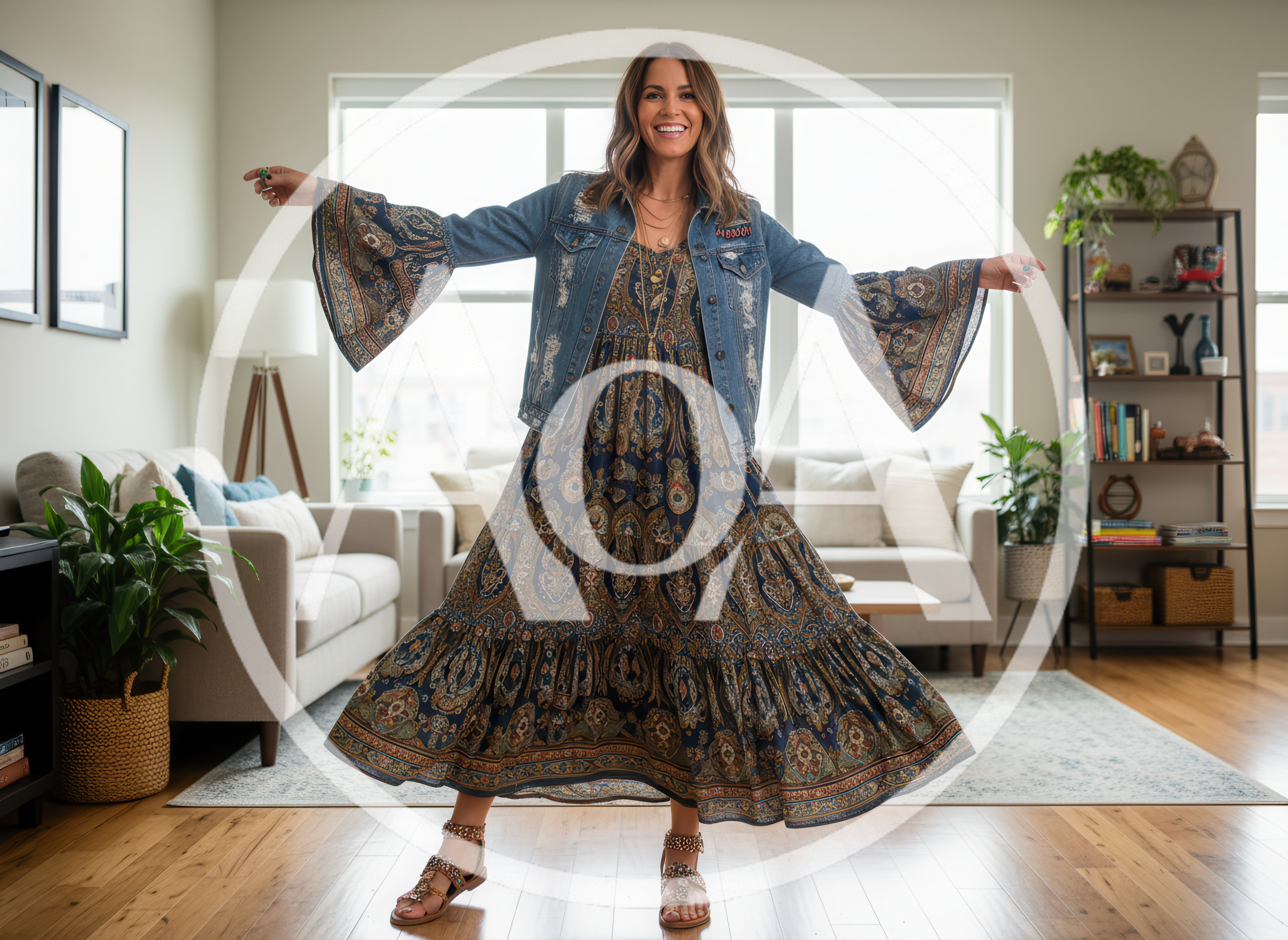 Happy Woman Twirling In A Boho Dress And Jacket