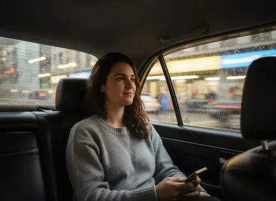 Young Woman Sitting In The Backseat Of A Car