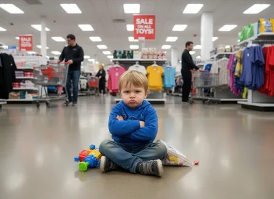 Upset Toddler Sitting on Store Floor