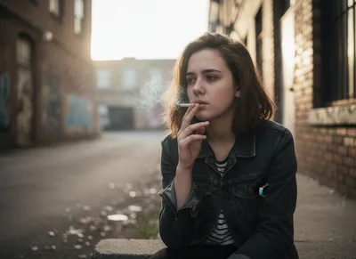 Young Woman Smoking A Cigarette In An Urban Alleyway