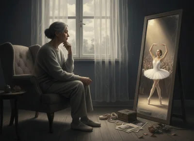 Elderly Woman Reflecting on Her Past as a Ballerina