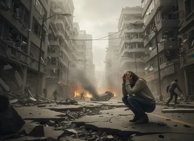 Distressed Woman Crouching Amidst War Torn City Ruins