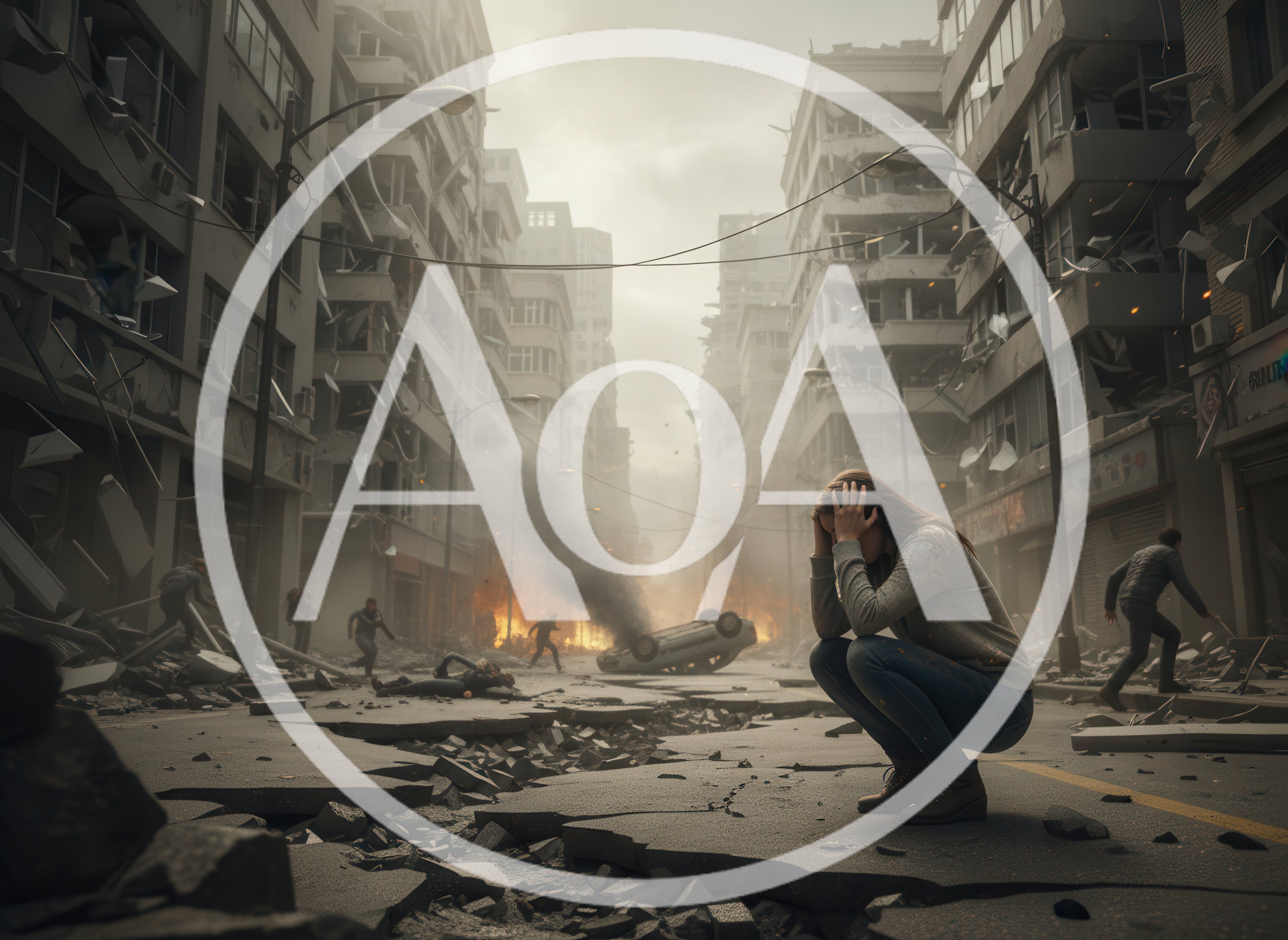 Distressed Woman Crouching Amidst War Torn City Ruins