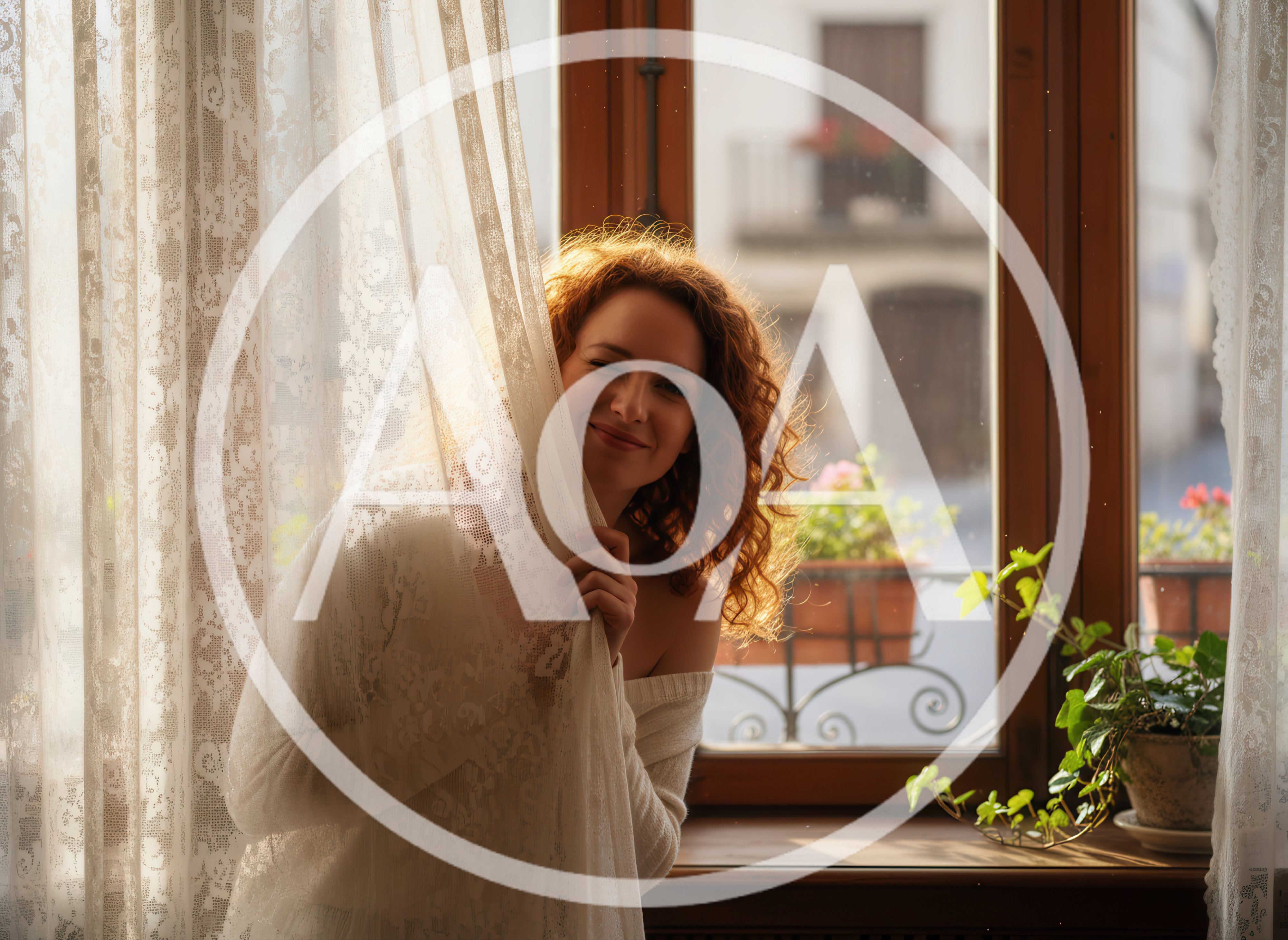 Young Woman Peeking Through Lace Curtains By A Window