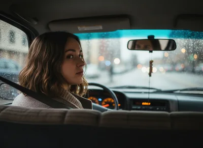 Young Woman Looking Back From Car Driver Seat
