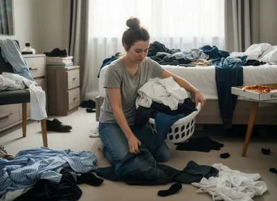Young Woman Sorting Laundry In A Messy Bedroom