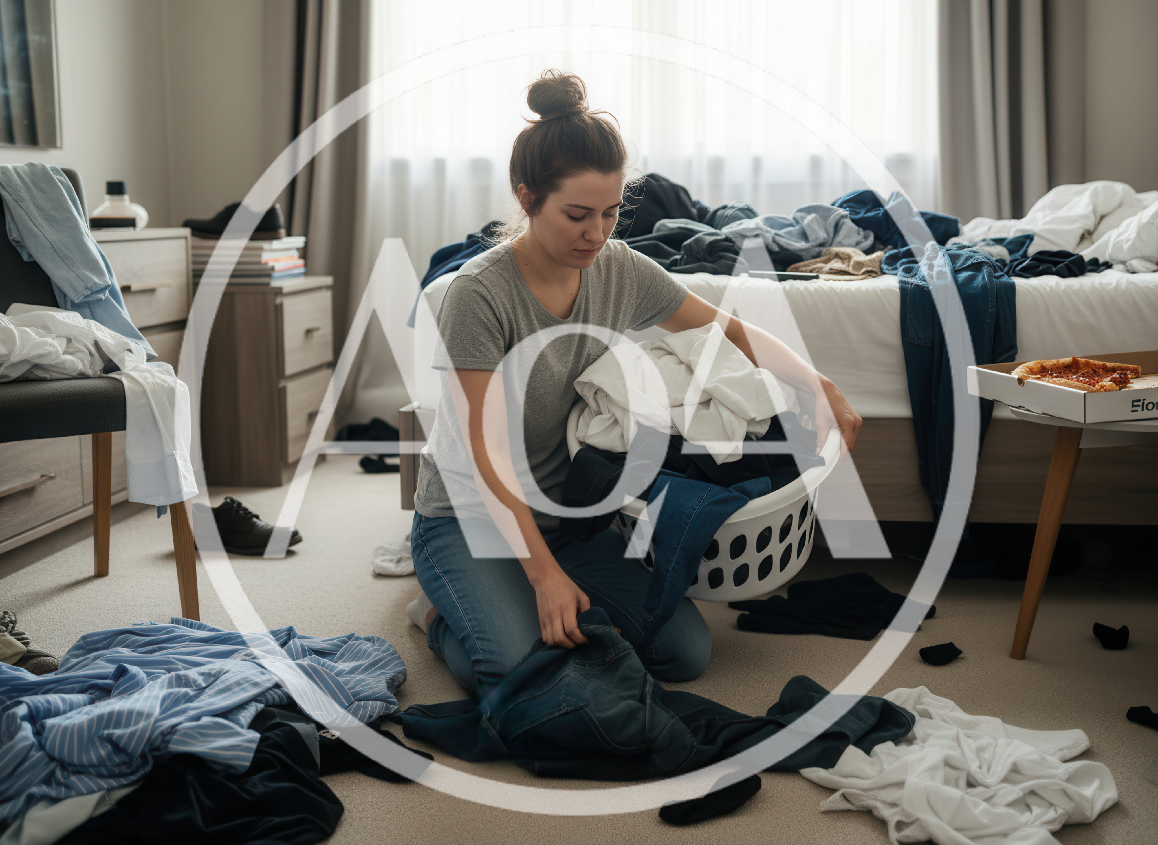 Young Woman Sorting Laundry In A Messy Bedroom