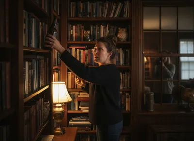 Woman Selecting Wine Bottle From Home Library Bookshelf