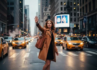 Young Woman Hailing A Taxi In New York City