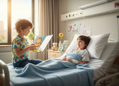 Young Boy Reading Book To Hospitalized Child