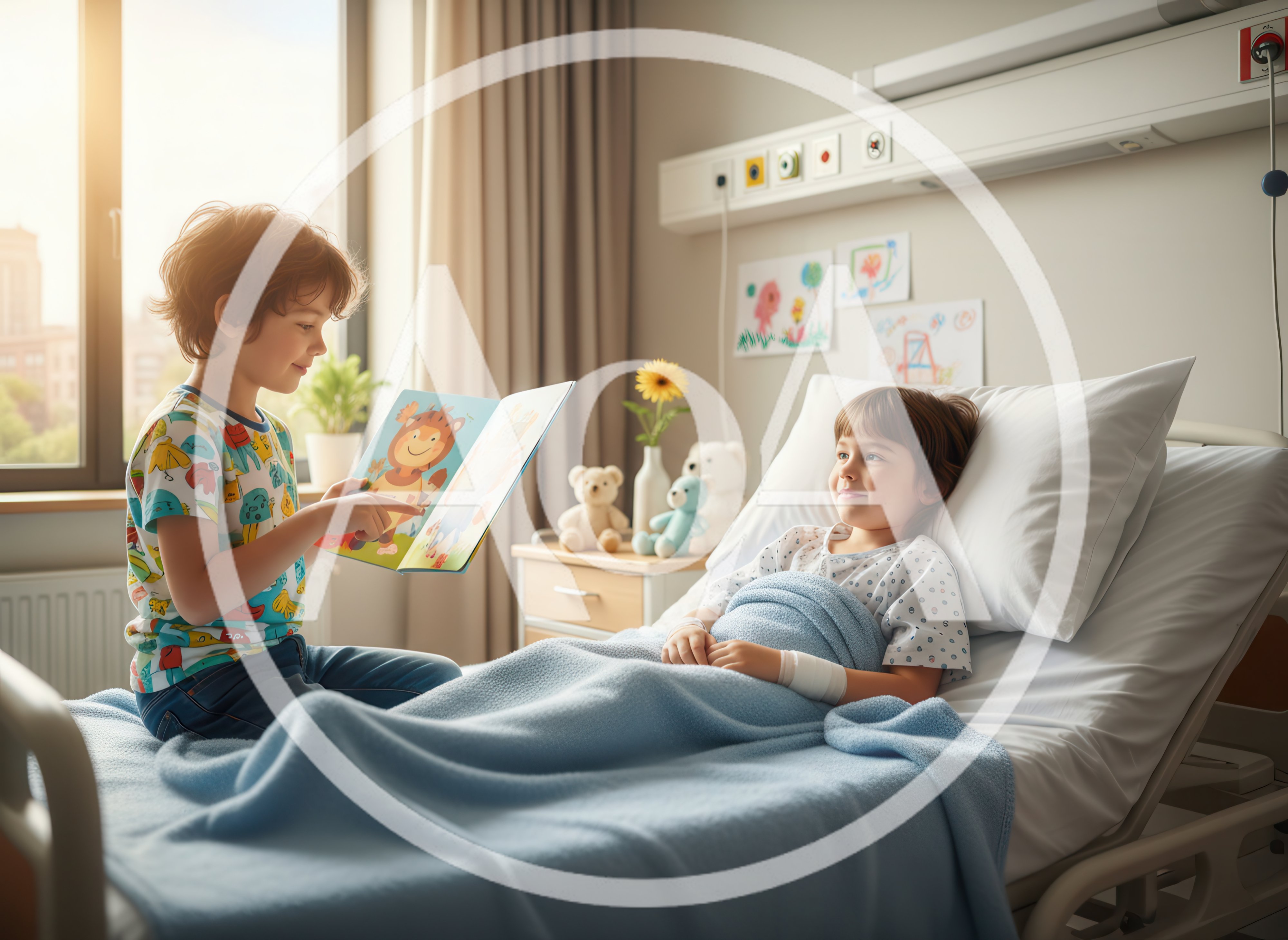Young Boy Reading Book To Hospitalized Child