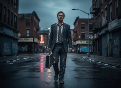 Disheveled Businessman Walking Through Desolate Urban Street