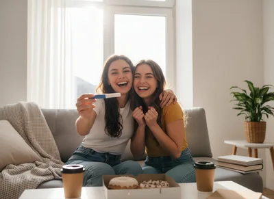 Two Happy Women Celebrating Positive Pregnancy Test