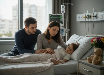 Concerned Parents Watching Over Sick Child In Hospital Room