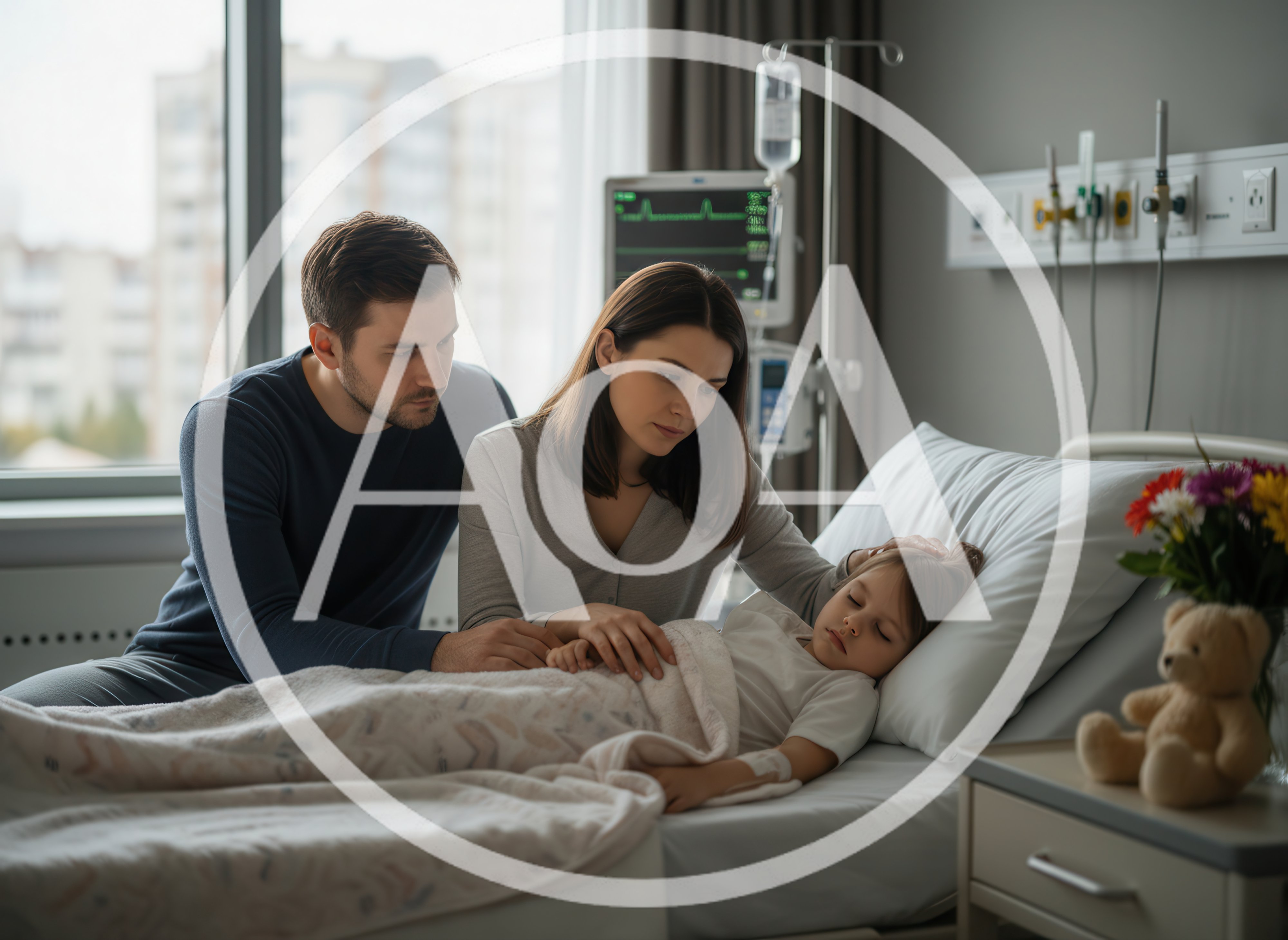 Concerned Parents Watching Over Sick Child In Hospital Room