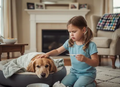 Young Girl Caring For Her Sick Golden Retriever