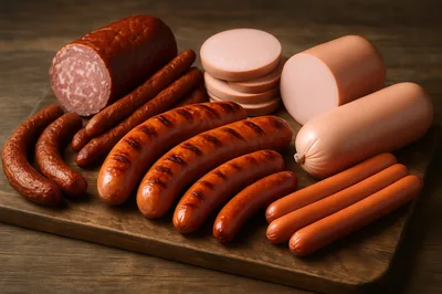 Assorted Sausages and Deli Meats on Wooden Board