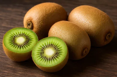 Fresh Whole and Sliced Kiwi Fruits on Wooden Table