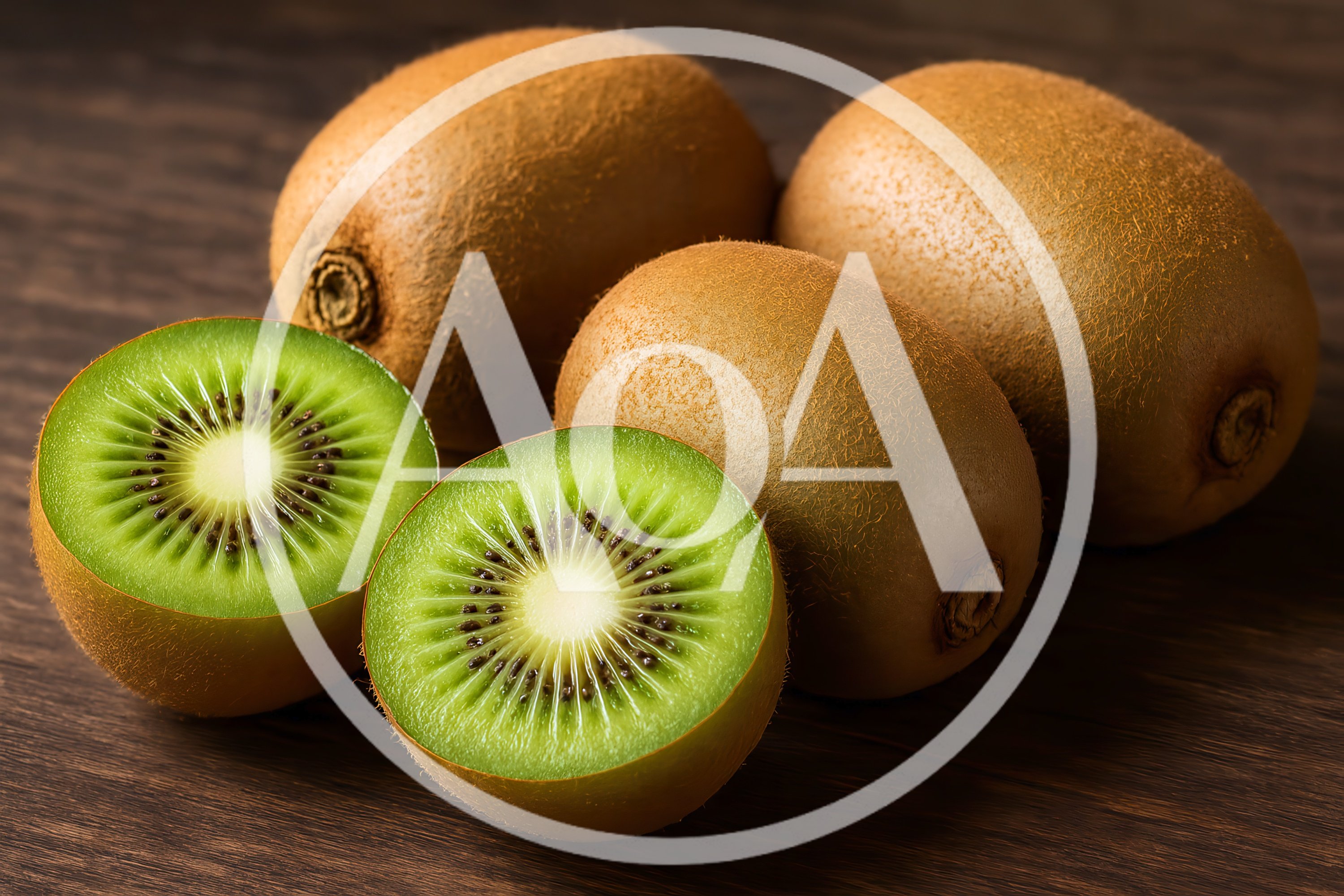 Fresh Whole and Sliced Kiwi Fruits on Wooden Table