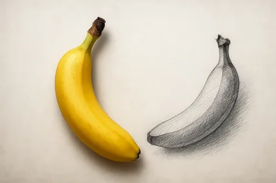 Real Banana Beside A Pencil Sketch Drawing