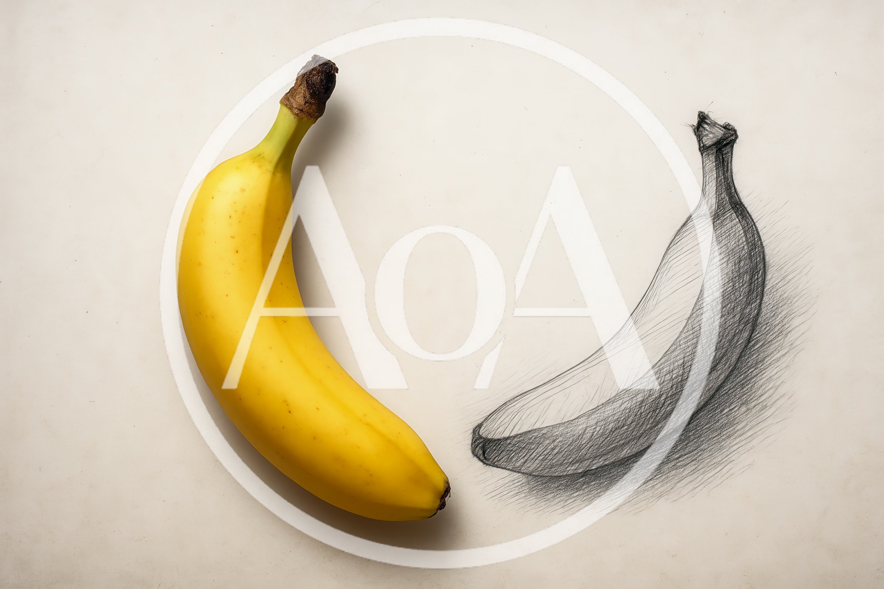 Real Banana Beside A Pencil Sketch Drawing