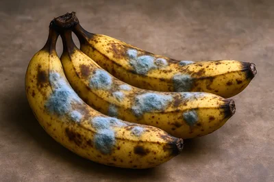 Three Overripe Bananas With Visible Mold Growth