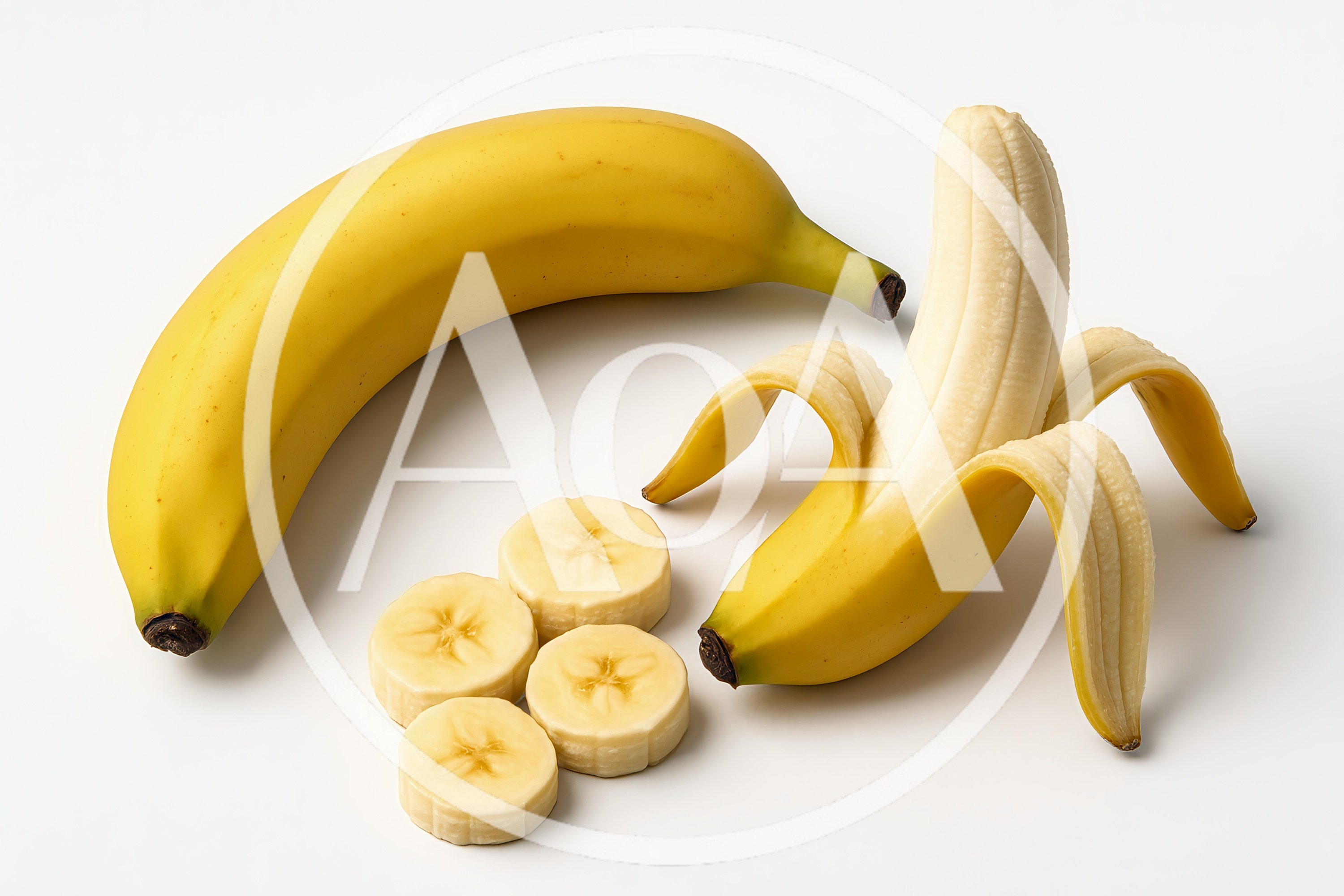 Fresh Bananas And Sliced Banana Pieces On White Background
