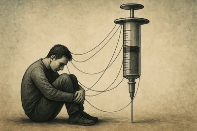 Depressed Man Connected To A Large Syringe
