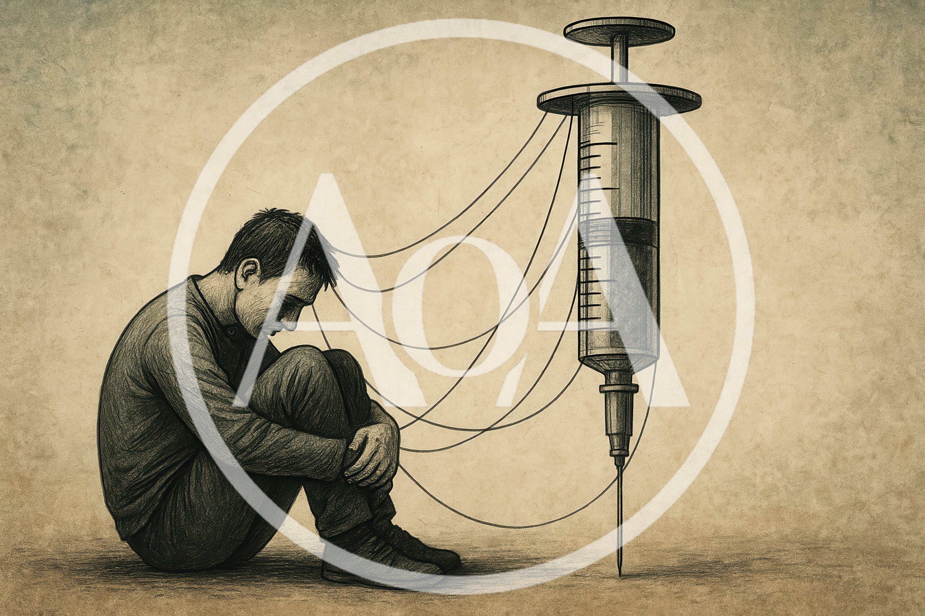 Depressed Man Connected To A Large Syringe
