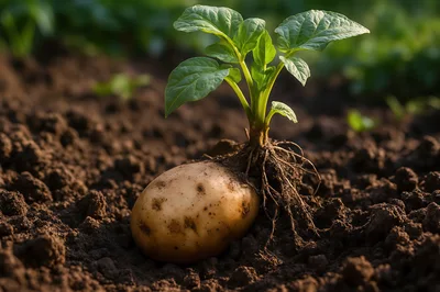 Sprouting Potato Plant Growing From Soil