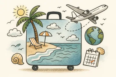 Watercolor Illustration Of Travel Suitcase With Beach Scene