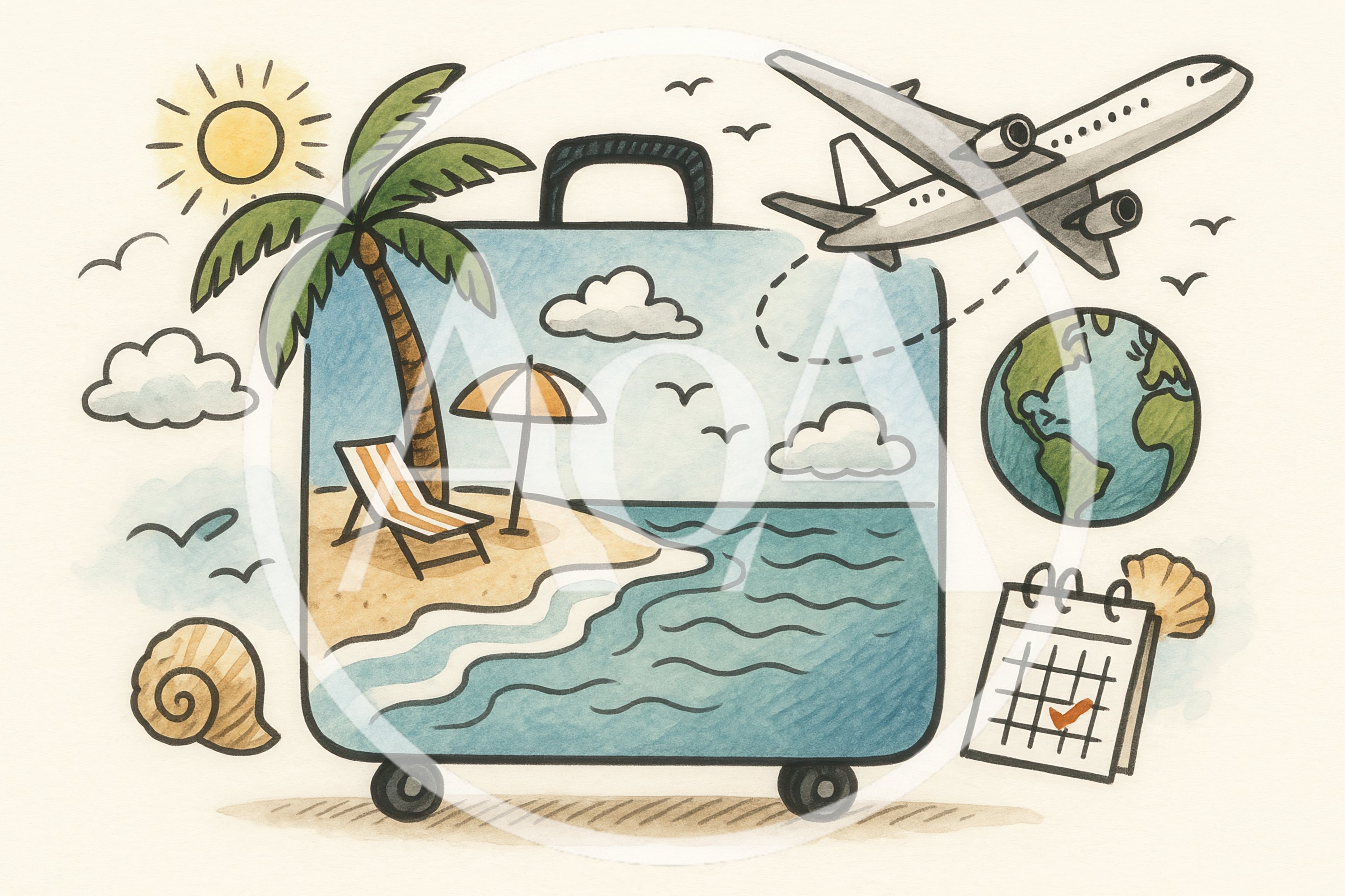 Watercolor Illustration Of Travel Suitcase With Beach Scene