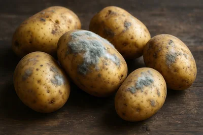 Group of Moldy Potatoes on Dark Wooden Surface
