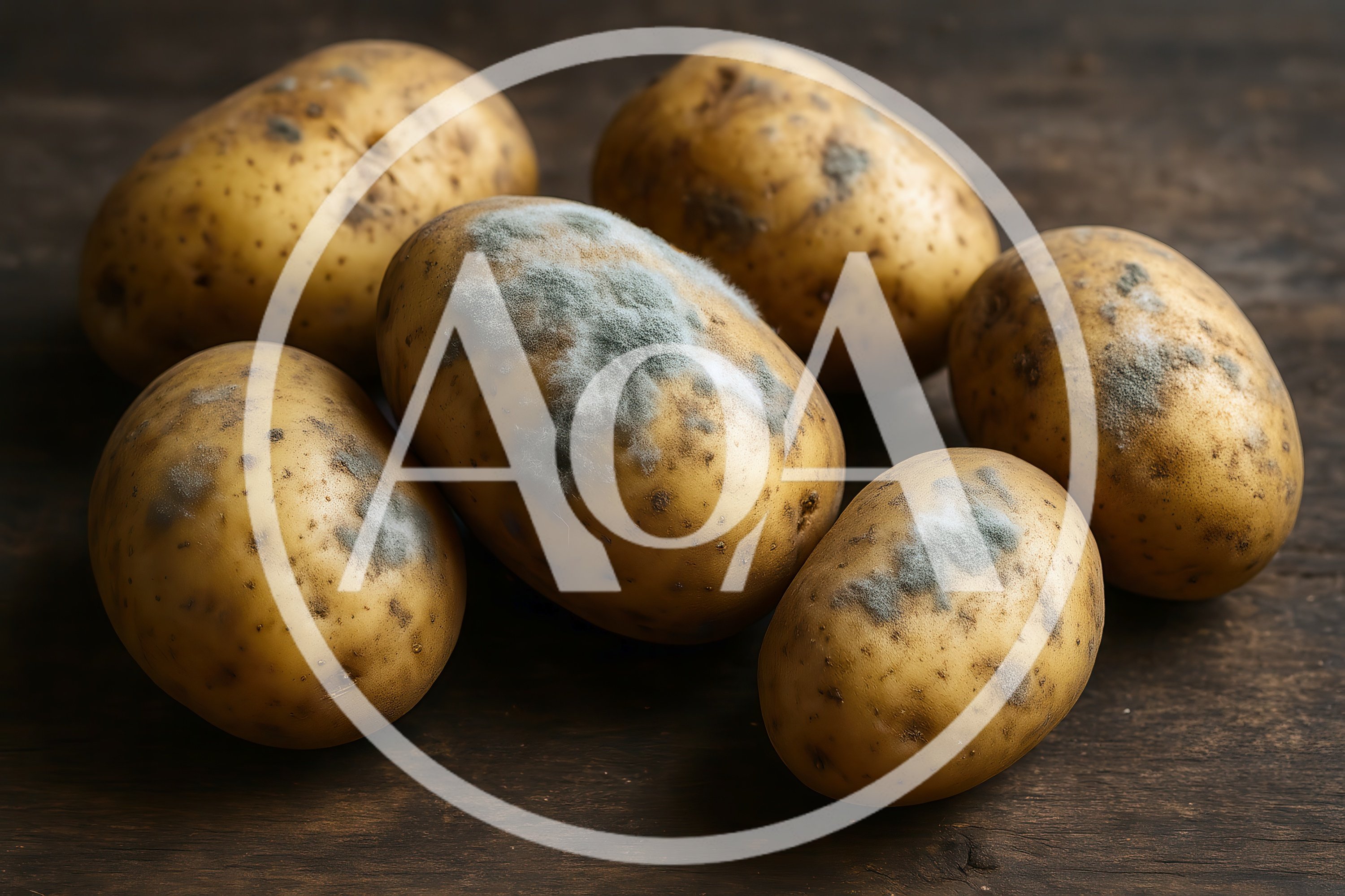 Group of Moldy Potatoes on Dark Wooden Surface