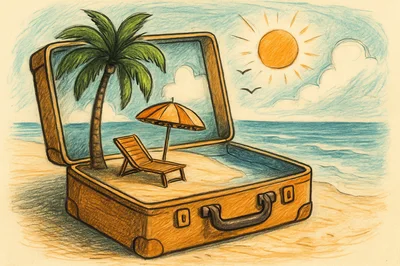 Surreal Illustration Of A Beach Scene Inside A Suitcase