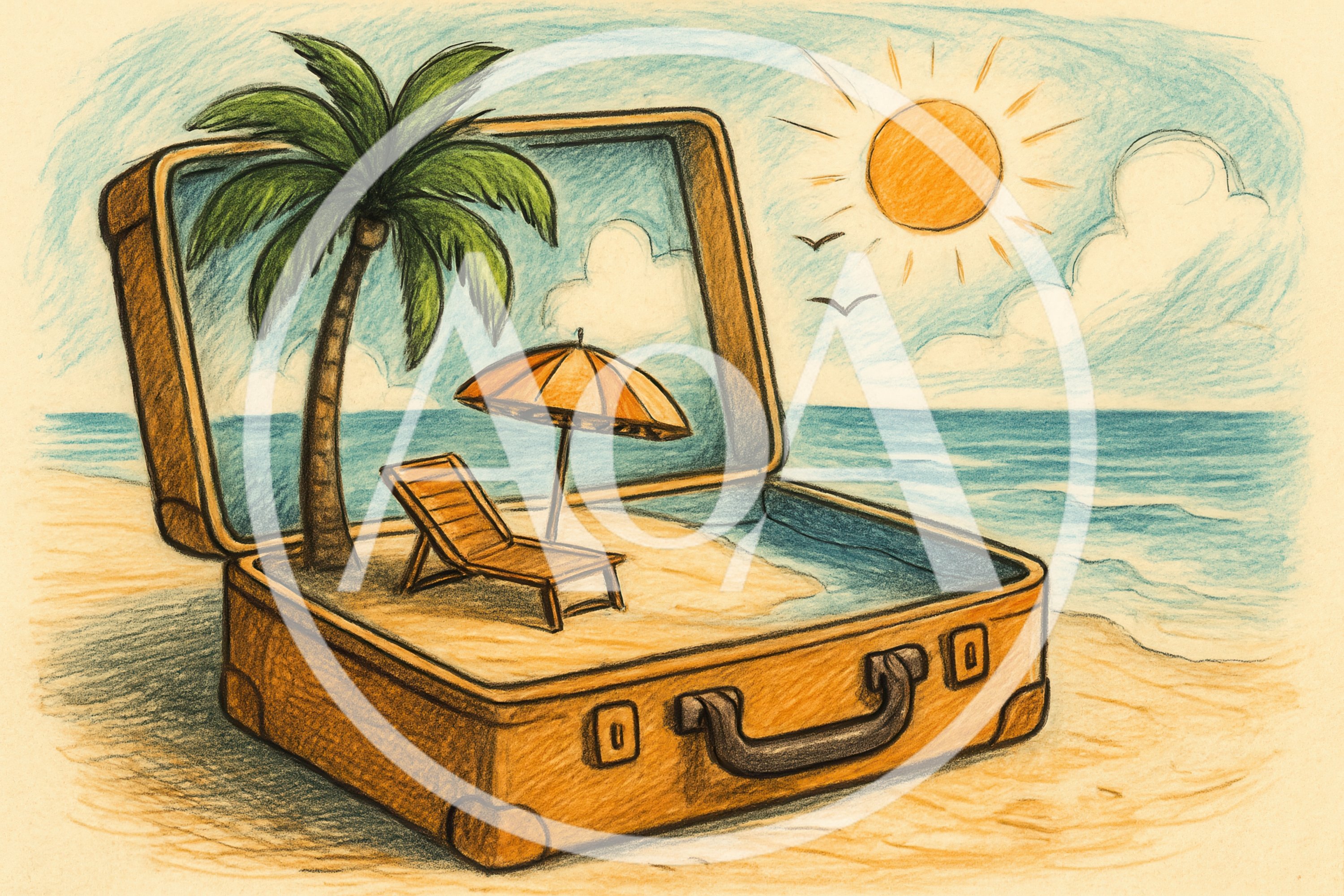 Surreal Illustration Of A Beach Scene Inside A Suitcase