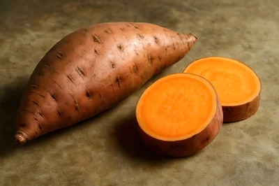 Whole And Sliced Sweet Potato On Textured Surface