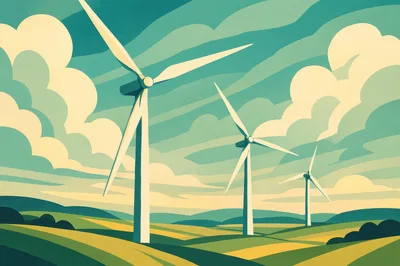 Wind Turbines In A Stylized Landscape