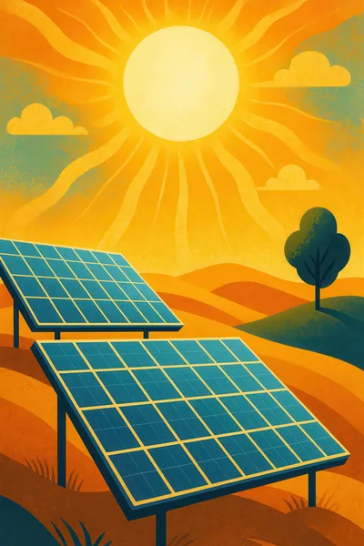 Solar Panels In A Sunny Landscape Illustration