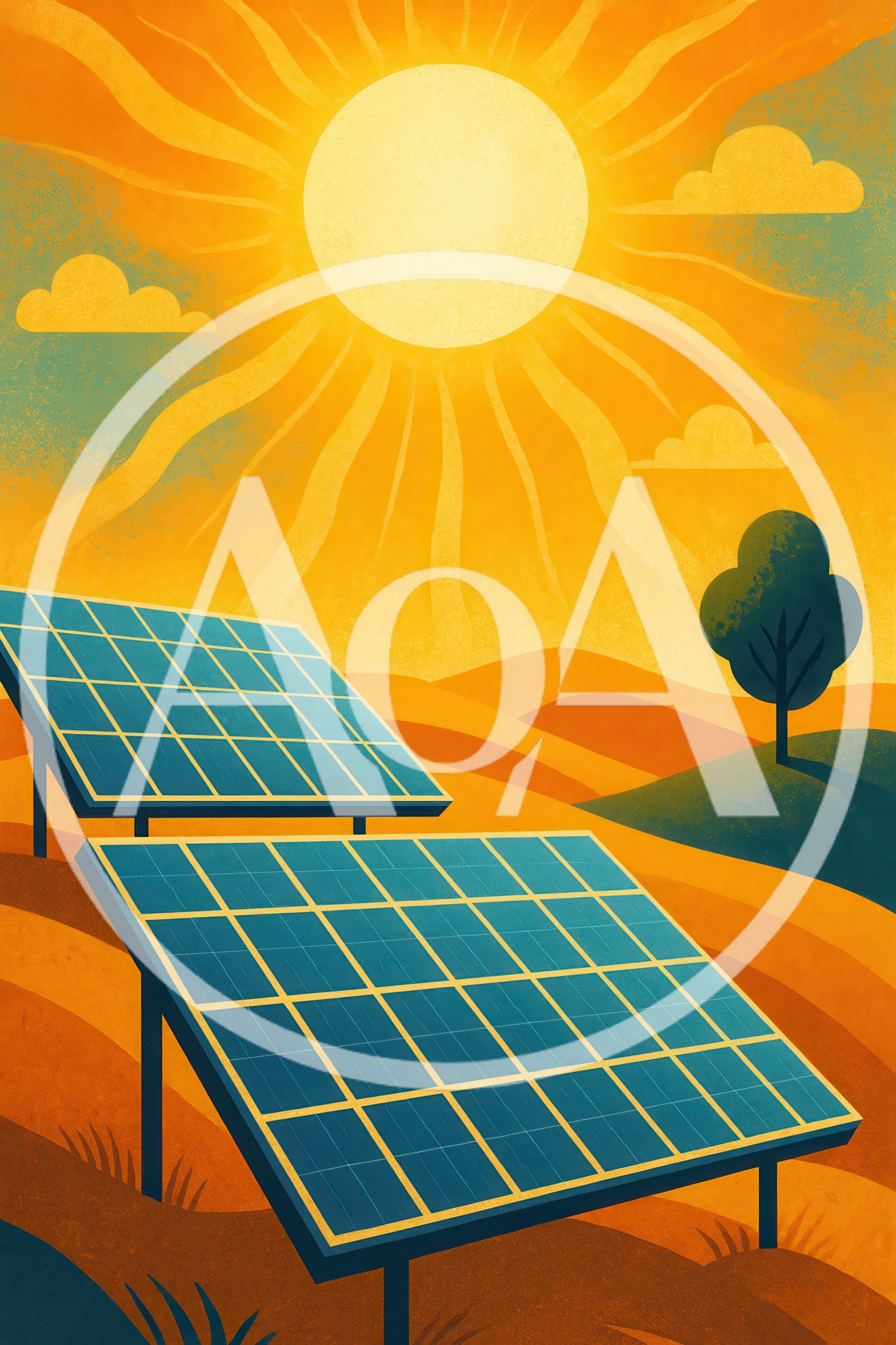 Solar Panels In A Sunny Landscape Illustration