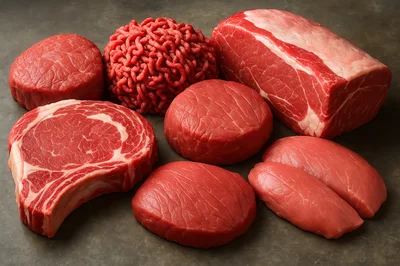 Assorted Cuts Of Raw Beef On Dark Surface